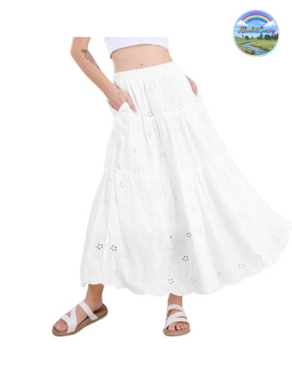 Lace Eyelet Midi Skirt High Waist Flowy A-Line Cotton Woven Scalloped Hem